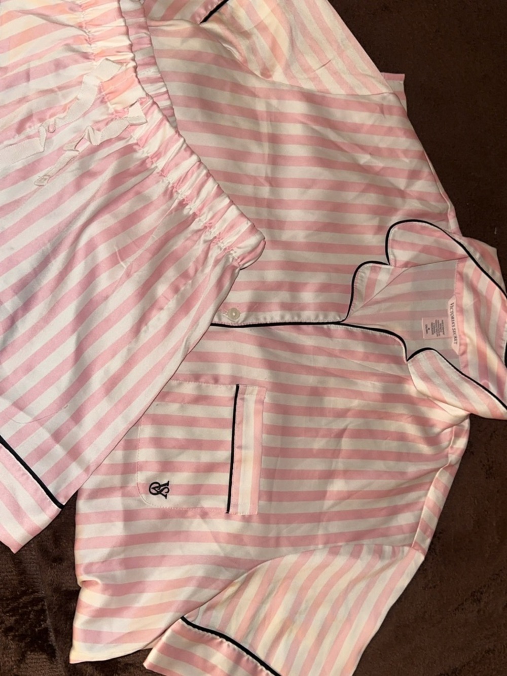Victoria's Secret Pink and White Striped Pajama Set with Black Piping